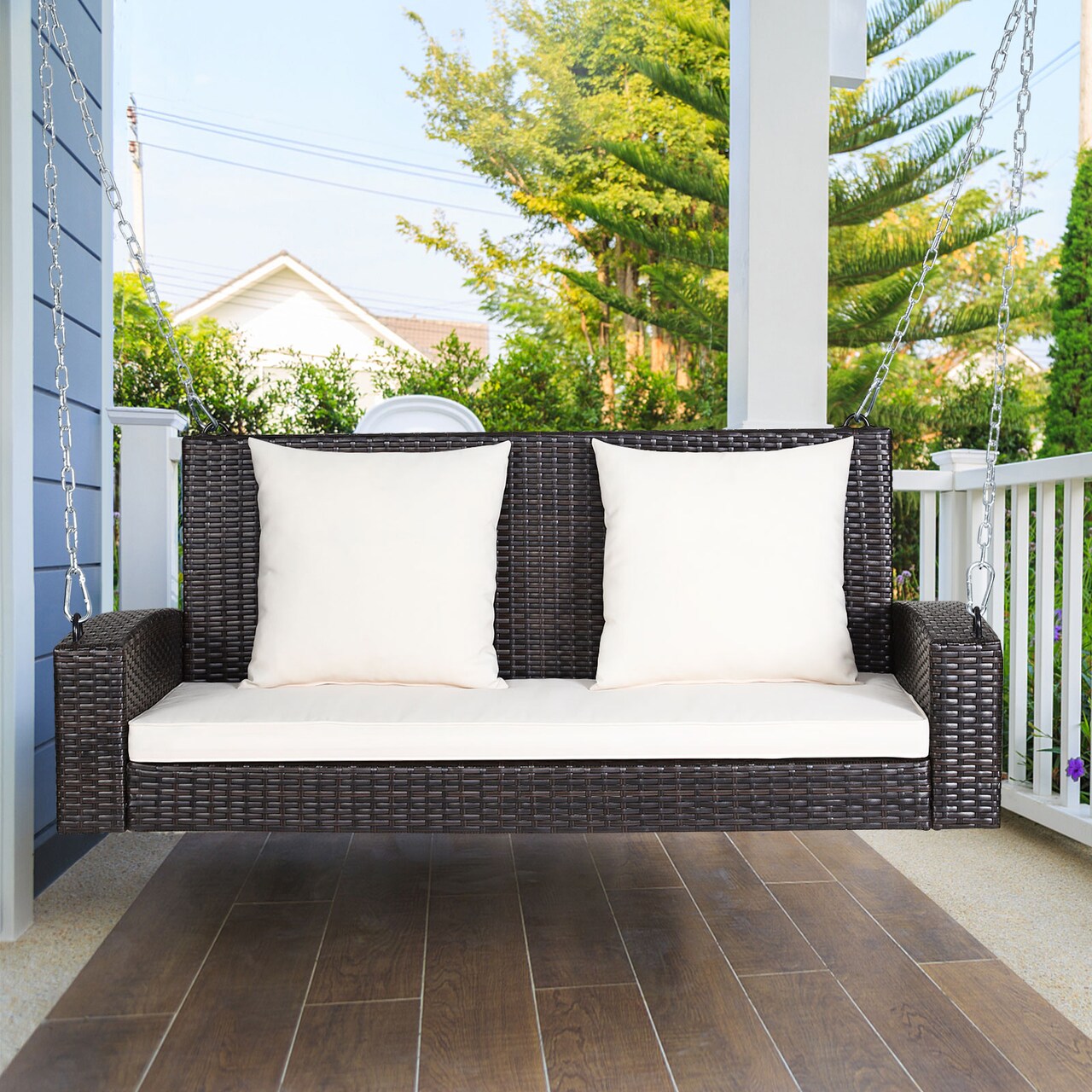 Costway 2-Person Patio Rattan Hanging Porch Swing Bench Chair Cushion Beige\Black\Red\Turquoise